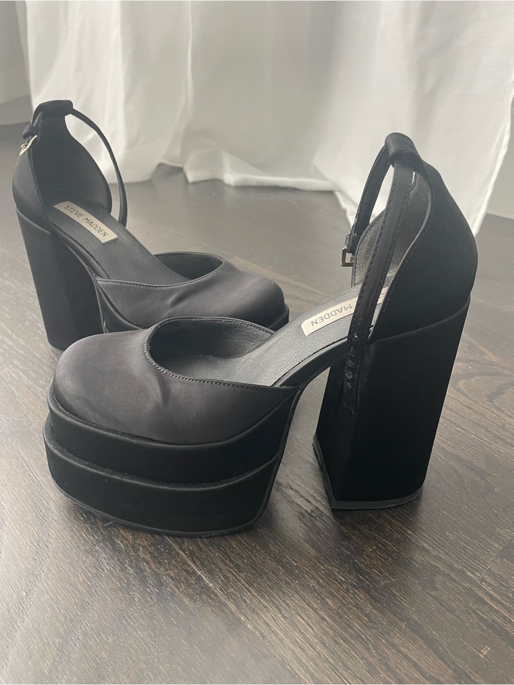 Steve Madden Black Velvet Platform Block Heels with Ankle Strap